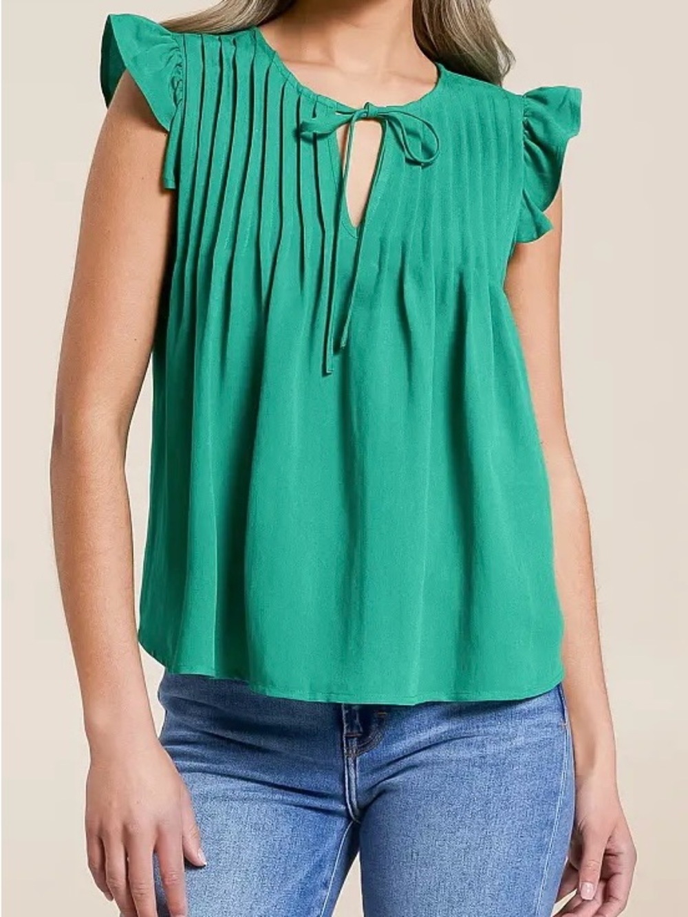 Blu Pepper Green Pleated Tie-Front Ruffle Sleeve Blouse. Crop